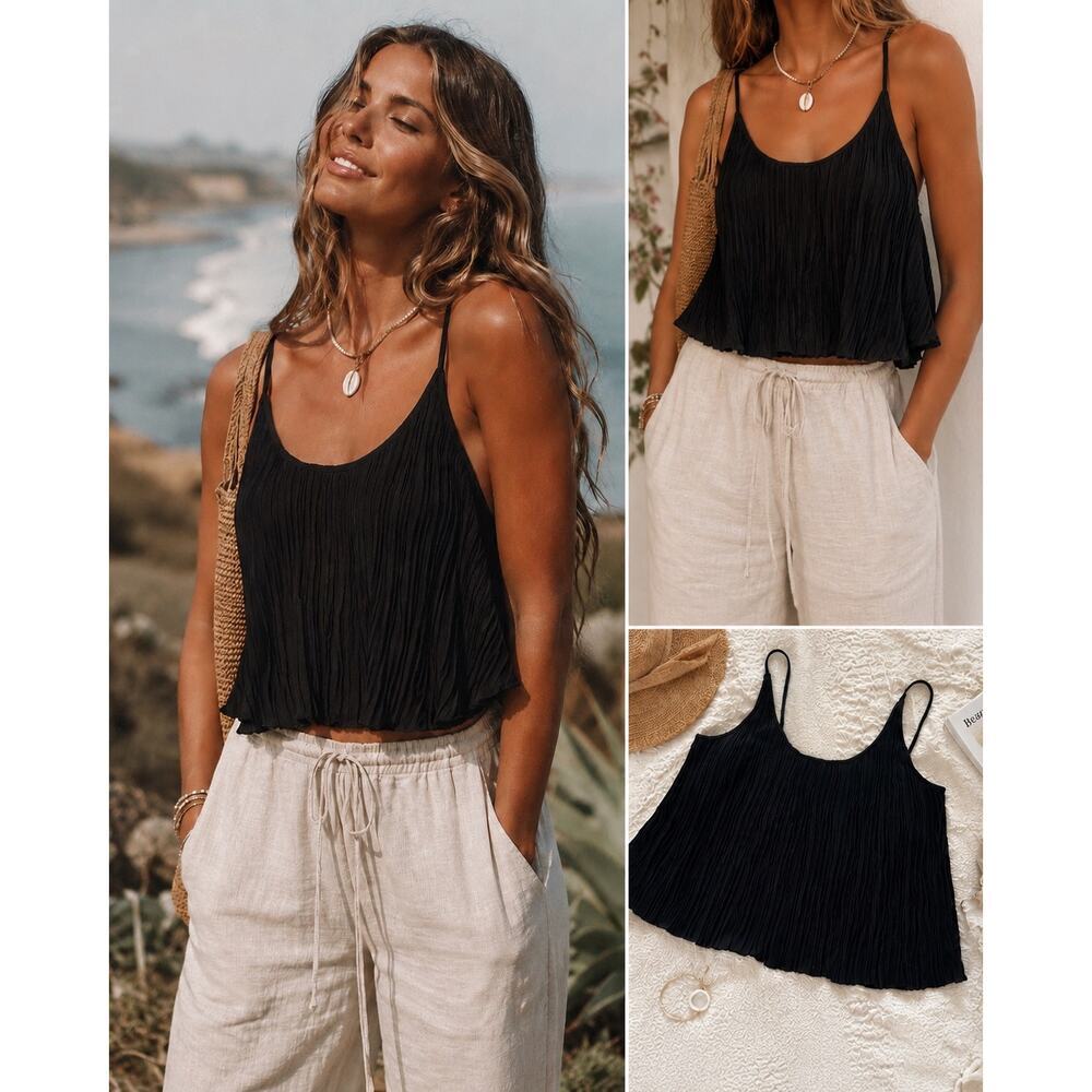 Free People Intimately Ribbed Swing Cami Tank Top Black Boho Coastal Cropped S